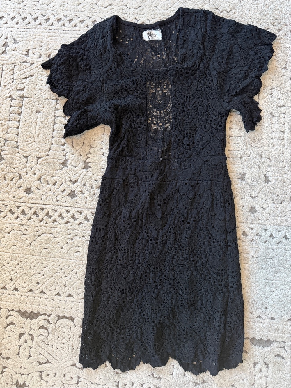 Nightcap Black Lace Midi Dress with Scalloped Sleeves